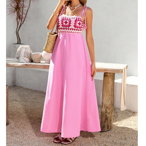 Boho Pink Crochet Shoulder Tie Cami maxi Dress - Picture 3 of 5